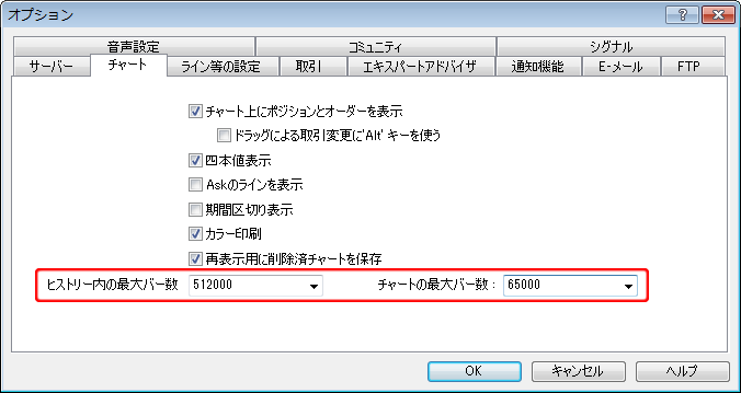 「オプション」-「チャート」タブ 最大バー数変更画面
