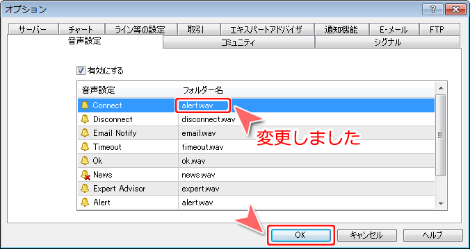 MetaTrader4 「オプション」-「音声設定」タブ変更完了画面