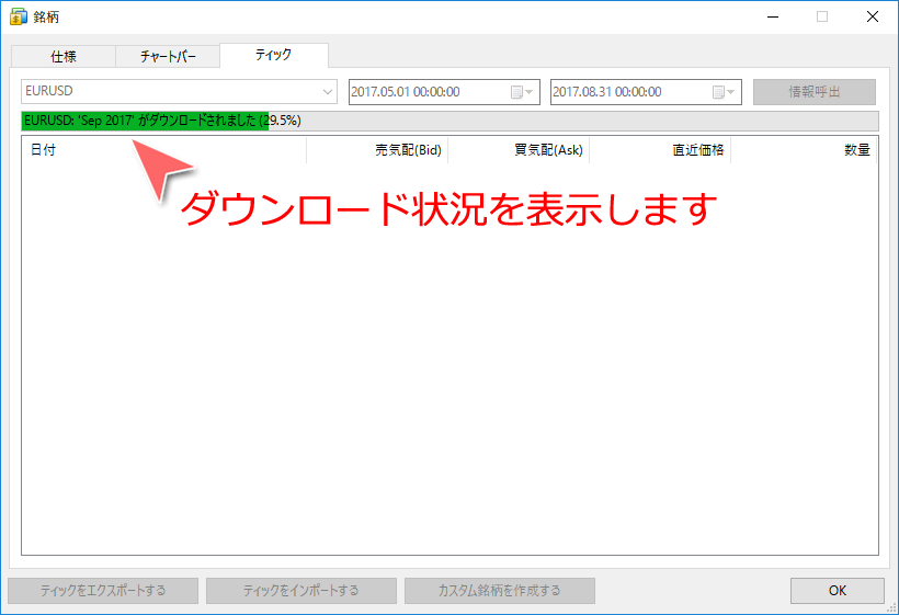 ティックデータダウンロード中画面