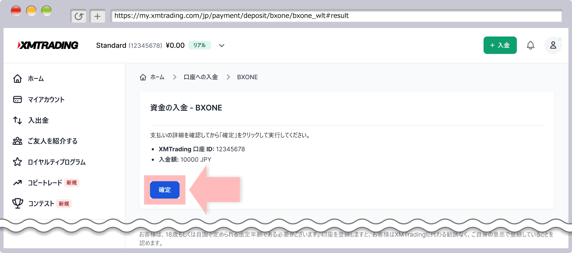 入金確認画面(BXONE)
